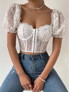 Privé Ditsy Floral Print Sweetheart Neck Puff Sleeve Crop Top XS